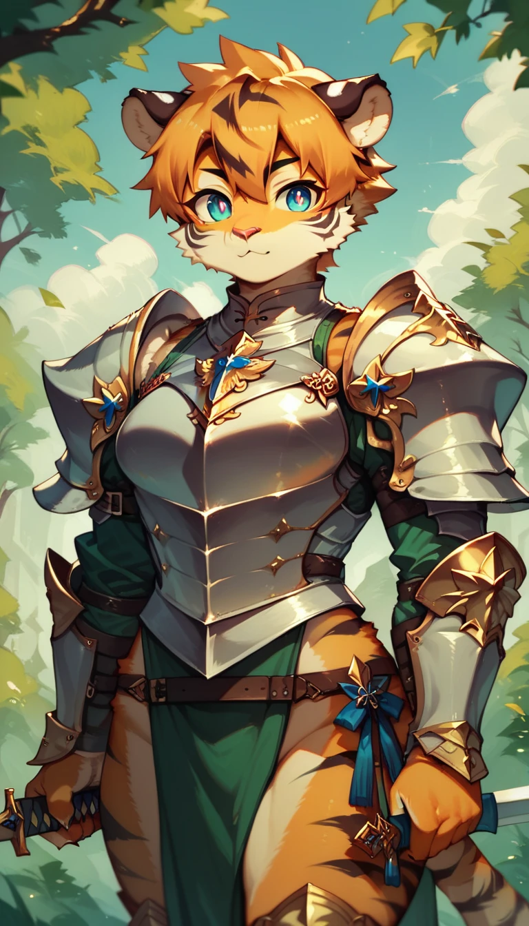 score_9, score_8_up) score_7_up, score_6_up, solo, tiger, kemono, anthro, cute, short hair, blue eyes, white pupils, sexy pose, orange fur, big sword, knight armor, outside,