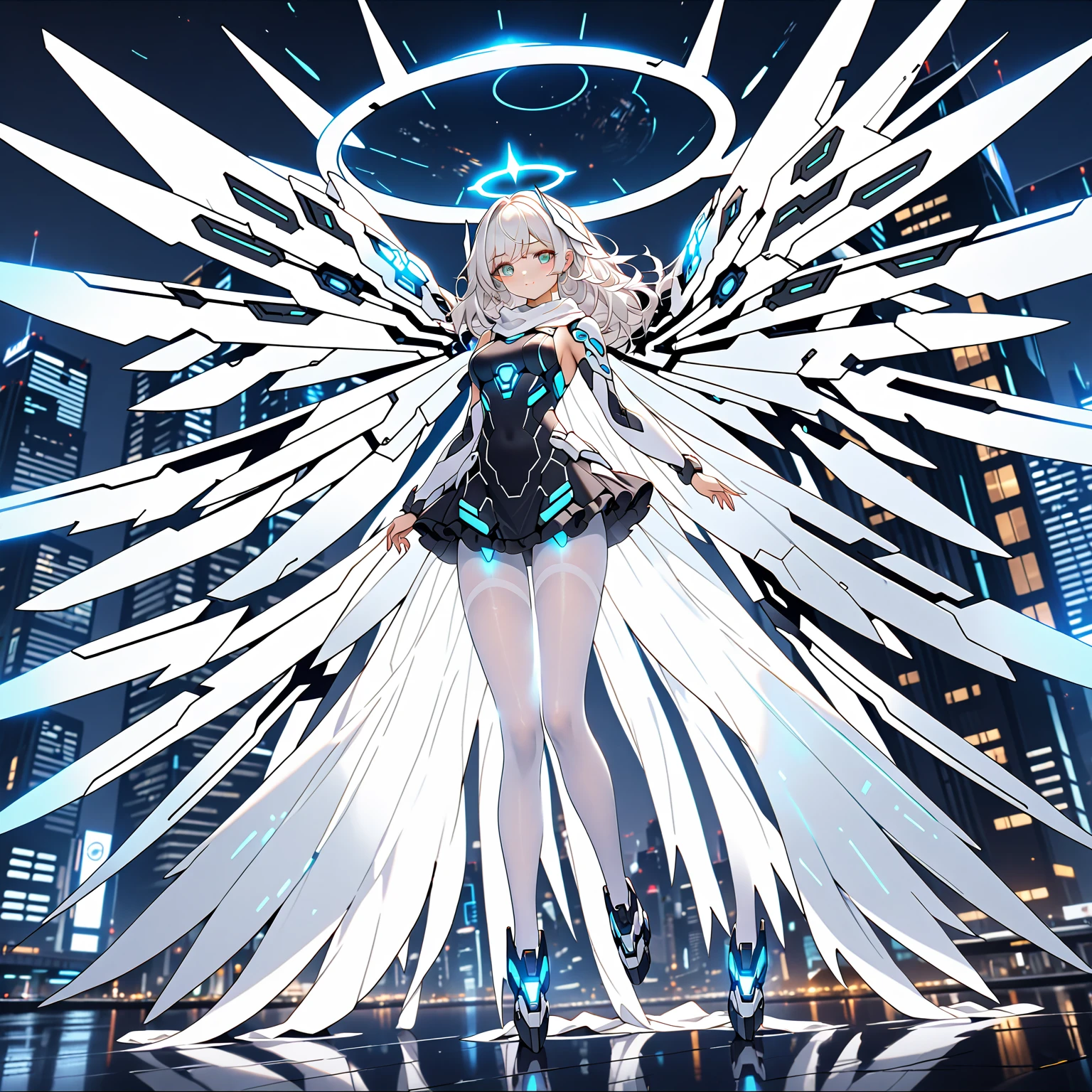 masterpiece, highest quality, highest resolution, clear_image, detailed details, white hair, long hair, 1 girl, futuristic wings, futuristic halo, white sci fi mecha dress, white scarf with blow glow, white pantyhose, full body, no water marks, city, no extra limps, no extra body