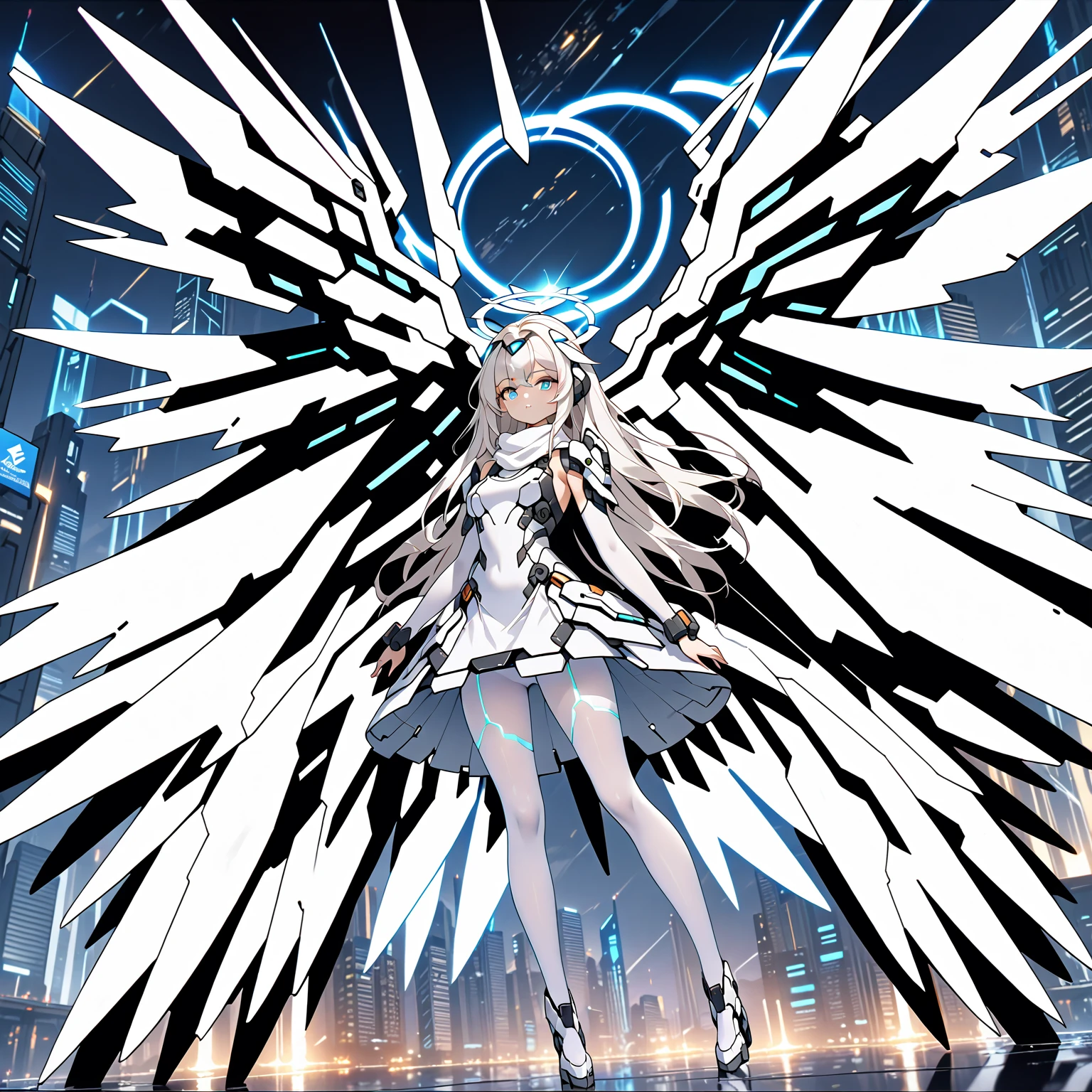 masterpiece, highest quality, highest resolution, clear_image, detailed details, white hair, long hair, 1 girl, futuristic wings, futuristic halo, white sci fi mecha dress, white scarf with blow glow, white pantyhose, full body, no water marks, city, no extra limps, no extra body