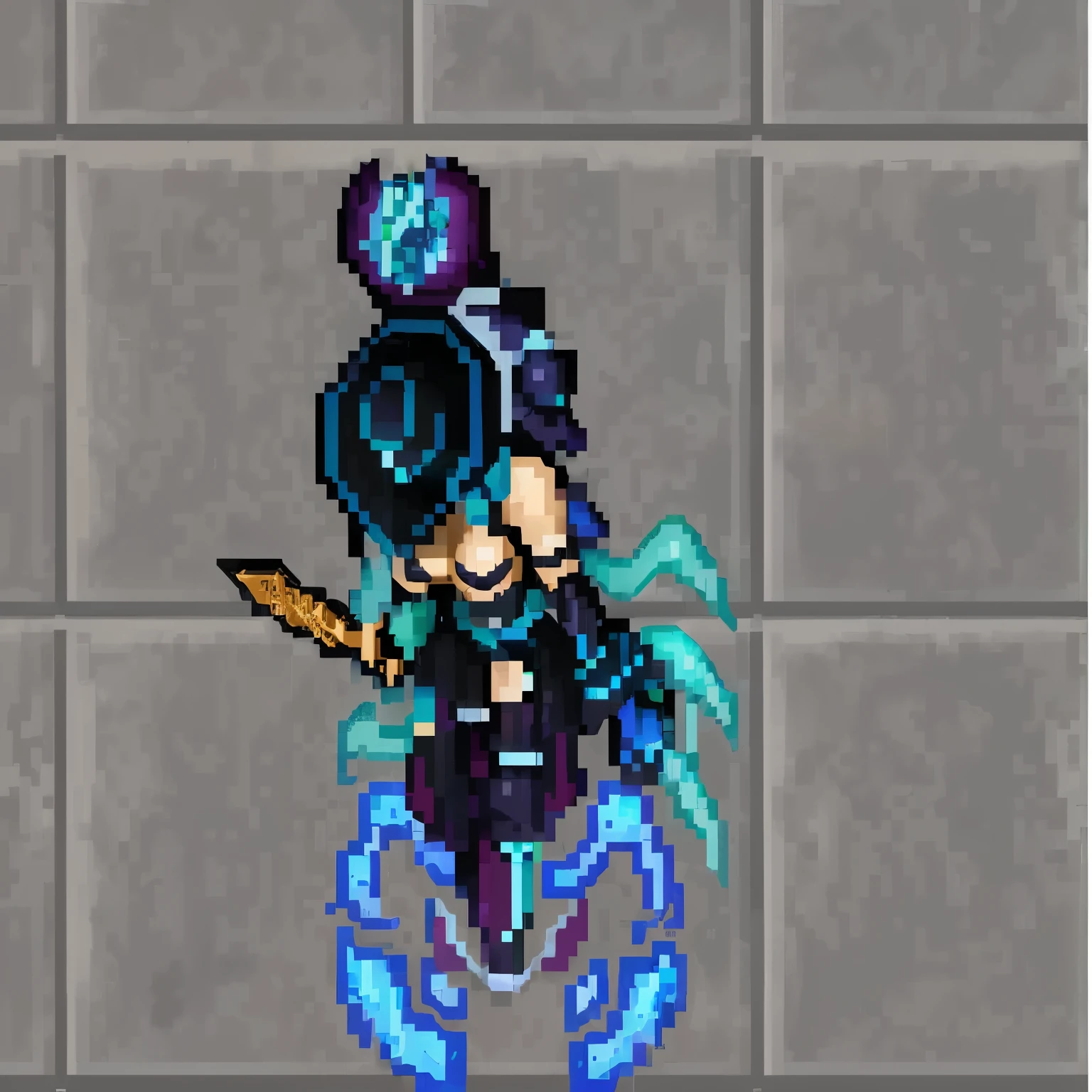 pixel art of a female character with a sword and a helmet, water armor, corrupted armor, ice crystal armor, full body sprite, This character has cryokinesis, Black demon dancer, ice sorceress, water demon, ice mage, holy cyborg necromancer girl, ator 2d, elemental water iridescence, muscular and otherworldly watch