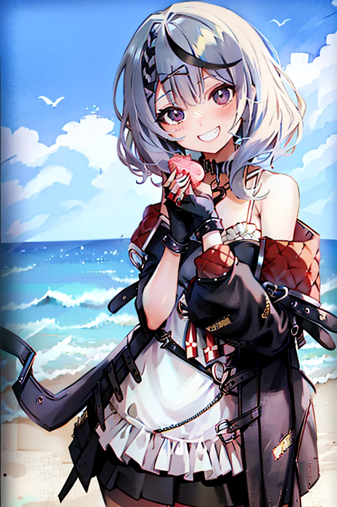 chloe_thief、1 person、solo、gloves、tooth、Food、Look at the viewer、smile、Foodを上げ、Off the shoulder、肌のtooth、blush、Grin、Open clothes、Large Breasts、Cowboy Shot、動物のFood、Foodを被って、shirt、Pleated skirt、Open jacket、Long sleeve、mini skirt、Outdoor、Ocean、Beach、port、background、anime、null、masterpiece、High resolution、High definition、