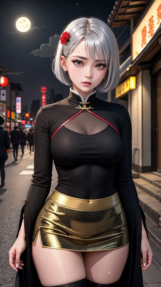 Young girl 10 years old, short silver bob hair, hair flower, sharp bangs between the eyes, yellow eyes, eyes large, provocative look, obscene expression, notable physical features, traditional chinese imperial clothes black with gold details, red skirt, black thigh high socks. slenderbody, medium breasts, half-sided angle, crouched in the street. japanese city, outdoor city, city at night, with full moon in the background, light reflecting on the sexy and sweaty body. (((sweat))) (work of art:1.2,) (best qualityer.)
