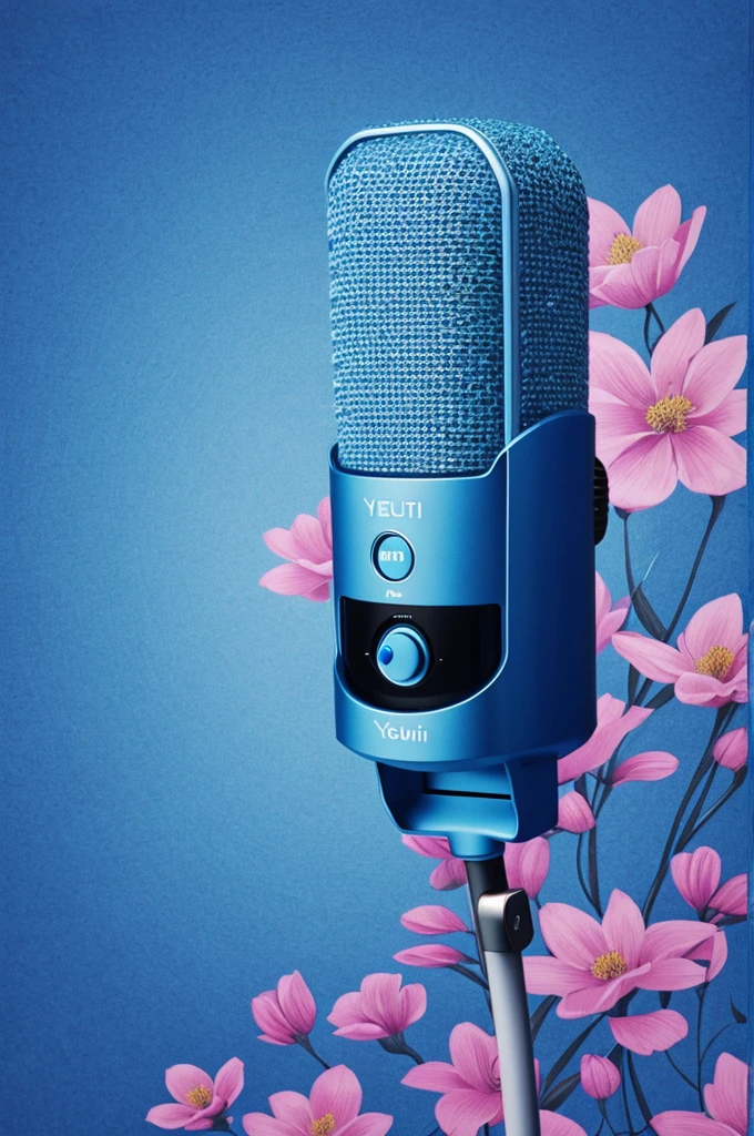 Drawing of a blue yetti microphone, with a flowery background