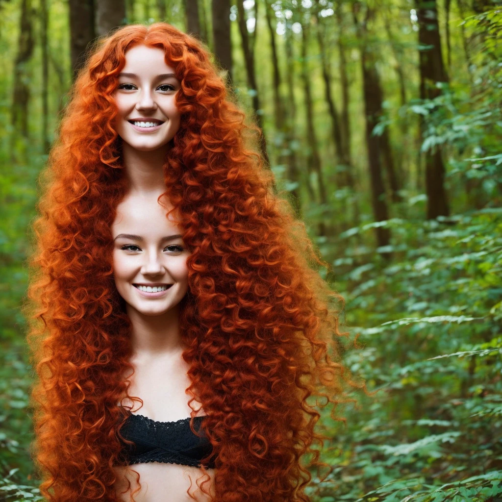 24 year old woman, curly hair, red and orange hair, Almond eyes, black eyes, the expression is relaxed but with a smile,The background is a forest , with not so revealing clothes, with a tattoo of a jellyfish, long hair, an ear piercing 