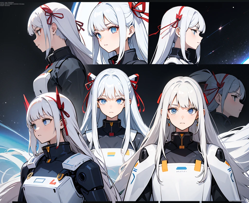 Concept art, Character sheets, Face data, Face character sheets, Multiple side, Multiple expressions, Multiple side view, Masterpiece, ultra details, absurdres, Best face, best detailing, Ultra detailed face Face close up, perfect face, Mecha evil, very long white hair, Robotic ribbon, MEcha ribbon, 1 girl, Upper body, White hair, space, mecha, aura concept,