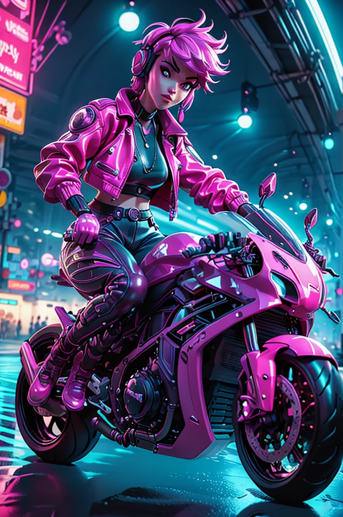 (masterpiece, best quality), female character sitting on a stationary motorcycle, cyberpunk style, leather jacket, Baggypants, short hair with vibrant highlights, confident expression, detailed futuristic motorcycle, neon accents, sleek design, high-tech elements., 