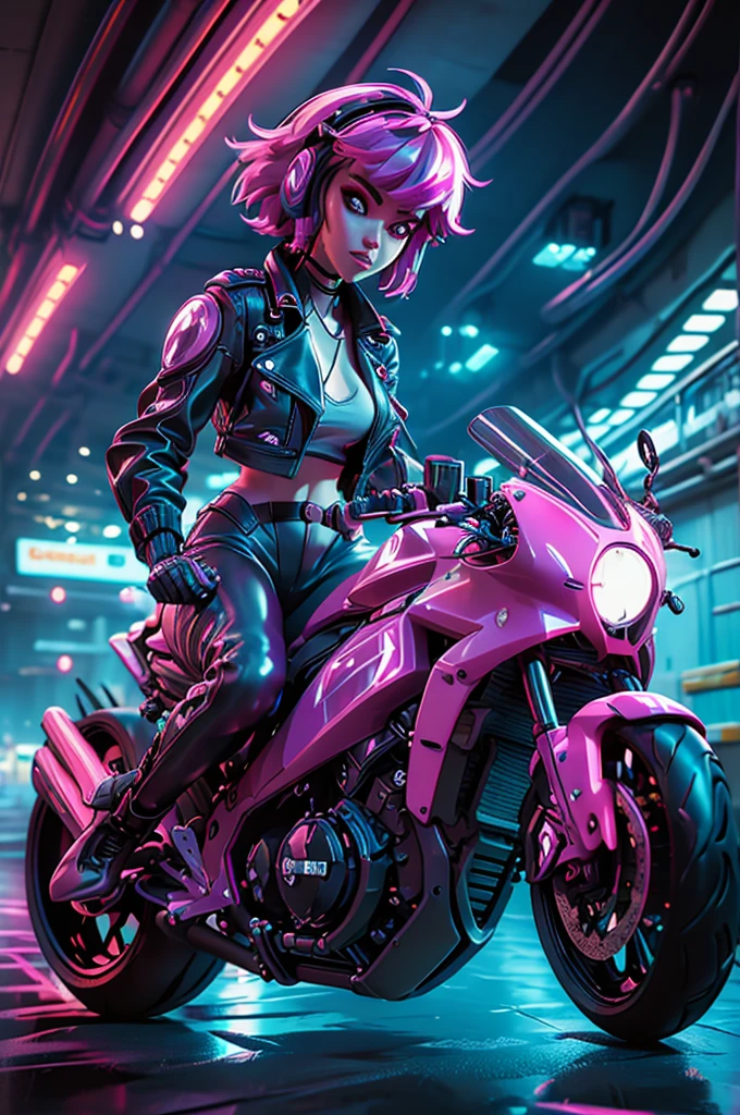 (masterpiece, best quality), female character sitting on a stationary motorcycle, cyberpunk style, leather jacket, Baggypants, short hair with vibrant highlights, confident expression, detailed futuristic motorcycle, neon accents, sleek design, high-tech elements.,