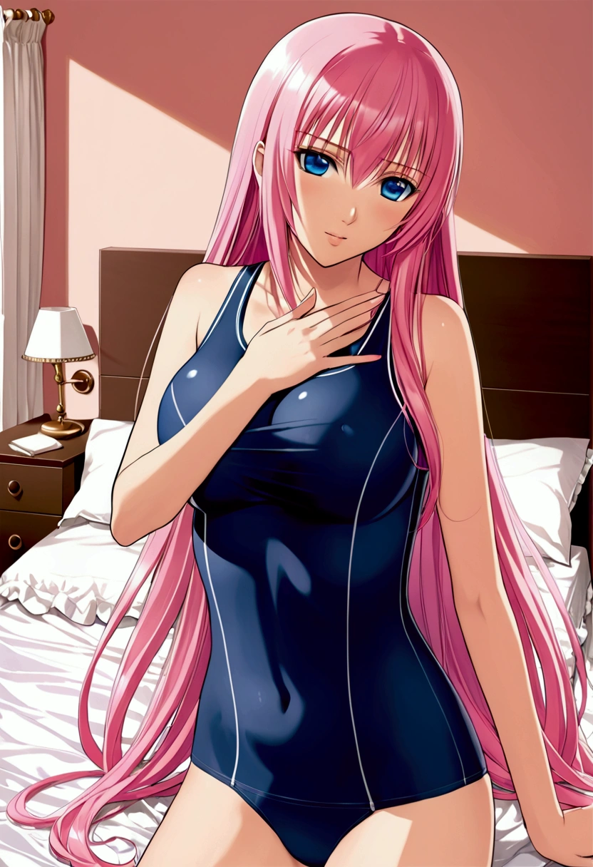 masterpiece ,Megurine Luka,E cup breasts,Pink long hair,blue eyes,School Swimsuit,smile,Pool,