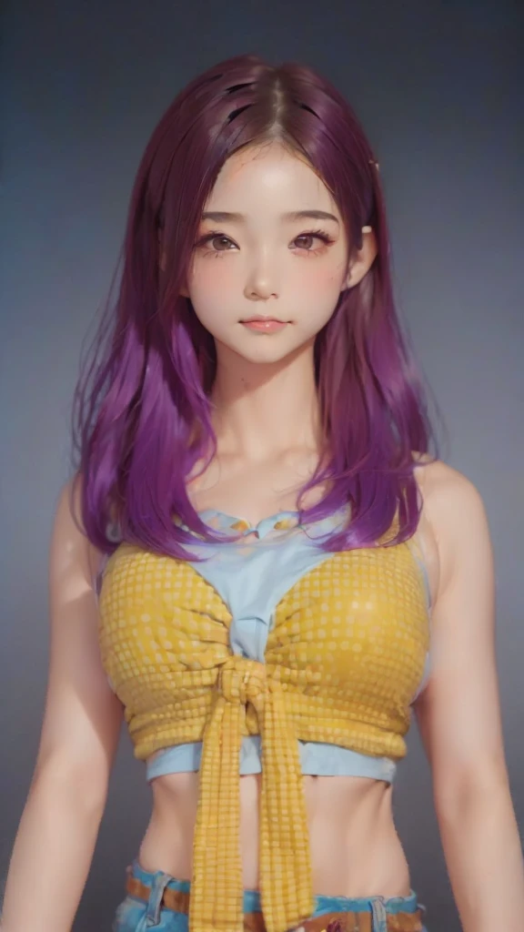 a close up of a person with purple hair wearing a yellow top, inspired by Sim Sa-jeong, wavy hair yellow theme, realistic. cheng yi, with very highly detailed face, kawaii realistic portrait, 🤤 girl portrait, long glowing ethereal hair, detailed hair foggy, inspired by Russell Dongjun Lu, 16k upscaled image, realistic hair, dynamic wavy hair, (huge breast:2.5)