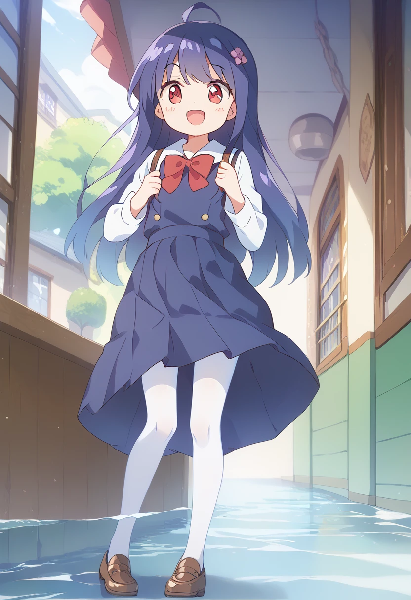 score_9, score_8_up, score_7_up, source_アニメ, masterpiece, 1girl, work, school uniform, blue dress, sailor dress, pinafore dress, white sailor collar,white shirt, red bowtie, long sleeves, flat chest, white pantyhose, loafers, full body, looking at viewer, indoors, open mouth, shiny hair, smile, Open your mouth, cuteポーズ, (Completely flooded)、Immersed in water、Transparent pool, Water Play, Primary school students、Skirt fully open、Long wide skirt、cute、blush、Watery eye、Lots of water、Wet、((The skirt spreads over the water surface.))、(Drowning)、