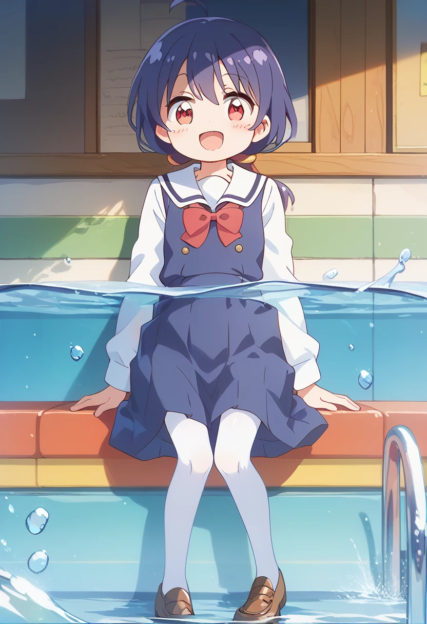 score_9, score_8_up, score_7_up, source_アニメ, masterpiece, 1girl, work, school uniform, blue dress, sailor dress, pinafore dress, white sailor collar,white shirt, red bowtie, long sleeves, flat chest, white pantyhose, loafers, full body, looking at viewer, indoors, open mouth, shiny hair, smile, Open your mouth, cuteポーズ, (Completely flooded)、Immersed in water、Transparent pool, Water Play, Primary school students、Skirt fully open、Long wide skirt、cute、blush、Watery eye、Lots of water、Wet、((The skirt spreads over the water surface.))、(Drowning)、