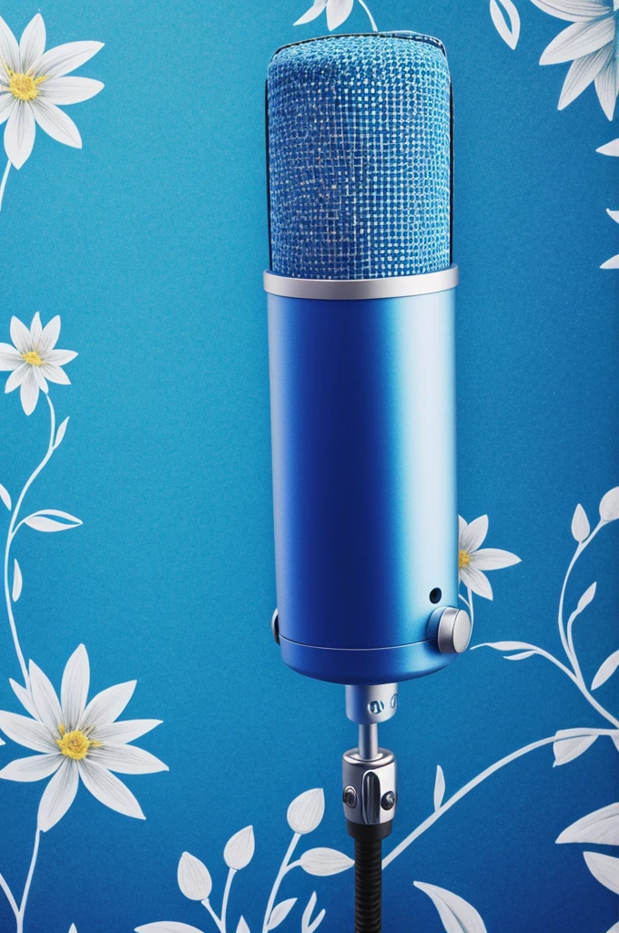 Drawing of a blue yetti microphone, with a flowery background