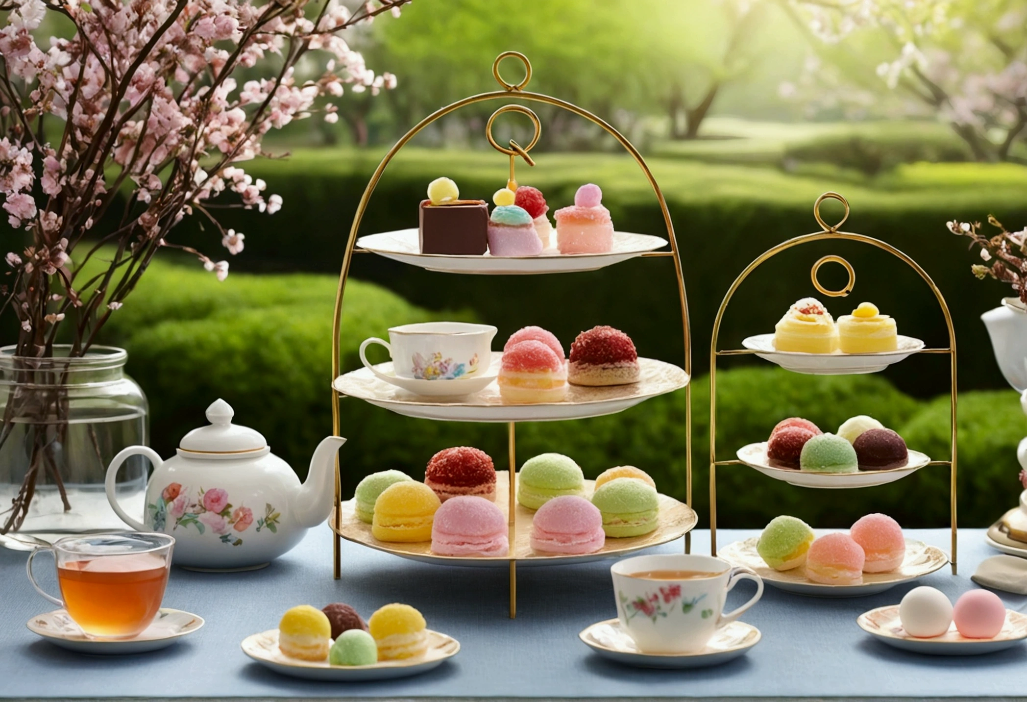 Cute Afternoon Tea、Multicolored sweets、Spring garden background、Q-pot