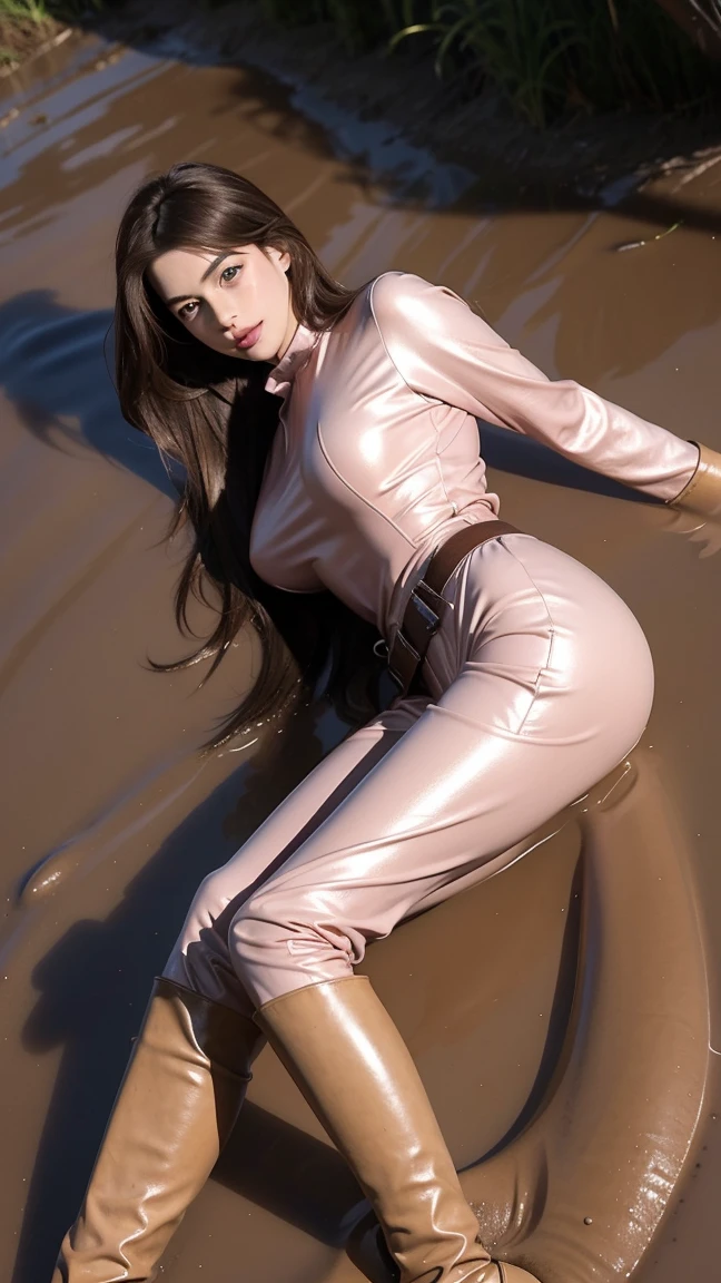 Young Anne Hathaway has long brown hair,Wearing a pink shiny full body suit,Full breasts,Long legs,Over the knee boots,Wear a belt,Lying in the mud,Stuck in the mud,The body was covered in mud stains,Full body picture,Realistic