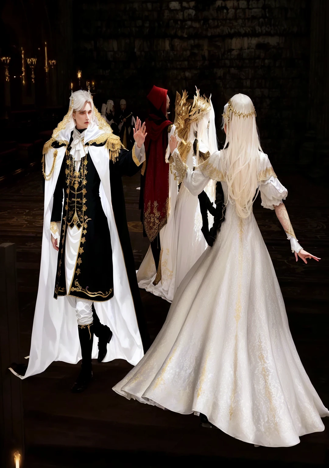 there are many people dressed in costumes and costumes together, wearing fancy formal clothes, white and gold robes, white and gold priestess robes, gold and white robes, Gothic people dancing, dancing with each other, golden white robes, flowing white robes, wearing a dramatic aristocrat's robe, palace dance, stately robes, Peasant wedding at midnight