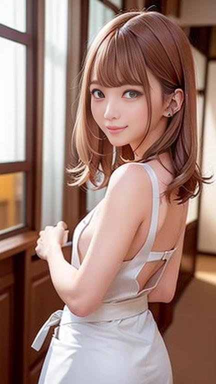 (Highest quality: 1.5), (Genuine: 1.5), (1 person: 1.5), (masterpiece), whole body, (Very detailed), (High resolution), 8K, (Medium-sized chest with a slight upward tilt), Natural color lips, Japanese women, 24-year-old girl, Thin eyebrows, Beautiful and elegant face, Cute face, arched Thin eyebrows, (large eyes balanced on the left and right sides,), Cute eyes, Beautiful Eyes, Beautiful thin nose, Beautiful face line, Fair skin, Beautiful and elegant features, Natural Bangs, Beautiful and thin nose, Beautiful Skin , Medium Bob Hair, Natural Bangs, Perfect and beautiful facial features, Slim face and figure, (Bright lighting), Professional Lighting, (Front lighting), Beautiful breastsの谷間, 1 Girl, Cute and sexy 24 year old woman, slim Japanese women, Fair skin, (Cute Smile), Wearing a Naked Apron, (Naked Apron), (Naked and wearing only an apron), Beautiful breasts, Room with large windows、, Side tie panties, ((Looking back pose)),((Seen from behind、Back view)),