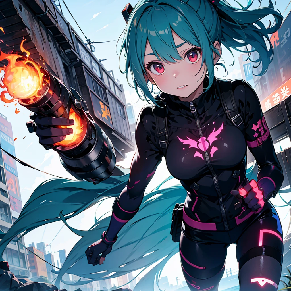 (Tabletop), (Perfect athletic body:1.2), Anime Style, whole body, Cyberpunk Girl, Sea green twin hairstyle with red eyes, Wearing a Cyber Costume, Black and Purple Flaming Fist, Burnt mechanical limbs, Standing in the Wilderness, Flame burning in the chest, White Background, whole body,composition