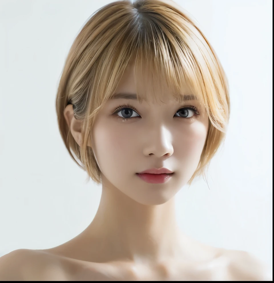 1 Girl, (Naked Girls:1.4), ((No underwear:1.4))、((Wearing makeup:1.4))、((Facing forward:1.4))、((View Camera:1.3))、((Blonde short cut:1.5))、Very beautiful Japanese idol portraits,
(RAW Photos, Highest quality), (Realistic, Realistic:1.4), (masterpiece),
Very delicate and beautiful, Very detailed, 2k wallpaper, wonderful, finely, Very detailed CG Unity 8K 壁紙, Very detailed, High resolution, Soft Light,
Beautiful detailed girl, Very detailed目と顔, Beautiful and sophisticated nose, Big beautiful eyes, Cinema Lighting,
(Simple light color background:1.3),
(Medium Hair), (Parted bangs),
Complete Anatomy, Slender body,Big Breasts, Sensual look