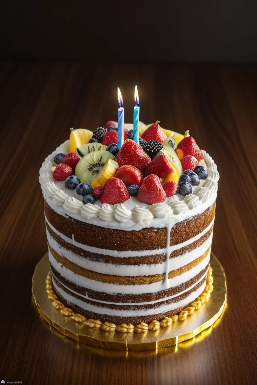 (best quality,4k,8k,highres,masterpiece:full),ultra-detailed,(realistic,photorealistic,photo-realistic:1.37),macro shot, soft lighting, cinematic, dramatic, happy birthday cake with mixed fruits, gift boxs putting around cake,