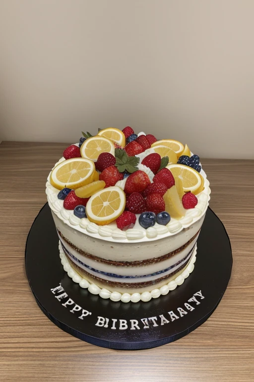 (best quality,4k,8k,highres,masterpiece:full),ultra-detailed,(realistic,photorealistic,photo-realistic:1.37),macro shot, soft lighting, cinematic, dramatic, happy birthday cake with mixed fruits, gift boxs putting around cake,