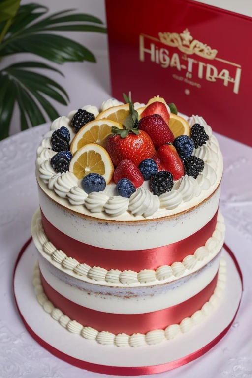 (best quality,4k,8k,highres,masterpiece:full),ultra-detailed,(realistic,photorealistic,photo-realistic:1.37),macro shot, soft lighting, cinematic, dramatic, happy birthday cake with mixed fruits, gift boxs putting around cake,