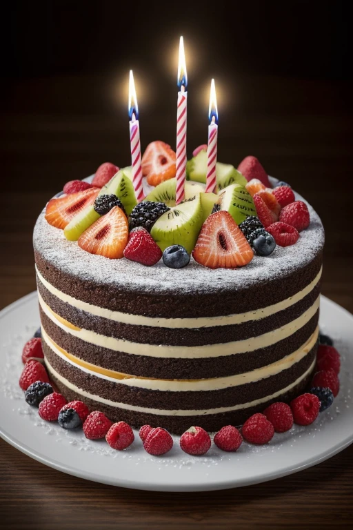 (best quality,4k,8k,highres,masterpiece:full),ultra-detailed,(realistic,photorealistic,photo-realistic:1.37),macro shot, soft lighting, cinematic, dramatic, happy birthday cake with mixed fruits, gift boxs putting around cake,