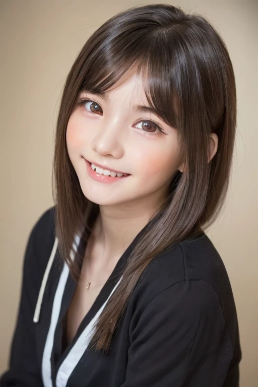 One Girl, (Beautiful girl, Delicate girl:1.3), (13 years old:1.85), Portraiture, Very beautiful eyes, (Symmetrical eyes:1.8),Brown eyes, Parted bangs, Brown Hair, (Upper teeth, The best smile:1.3), (Eye and facial details:1.6),(masterpiece, Highest quality, Super detailed, Detailed face, 8K)、whole body,high quality、Baby Face