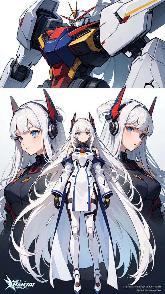 ((Full body photo, standing, on the floor)) Concept art, Character sheets, Face data, Face character sheets, Multiple side, Multiple expressions, Multiple side view, Masterpiece, ultra details, absurdres, Best face, best detailing, Ultra detailed face Face close up, perfect face, Mecha evil, very long white hair, Robotic ribbon, MEcha ribbon, 1 girl, Upper body, White hair, space, mecha, aura concept,