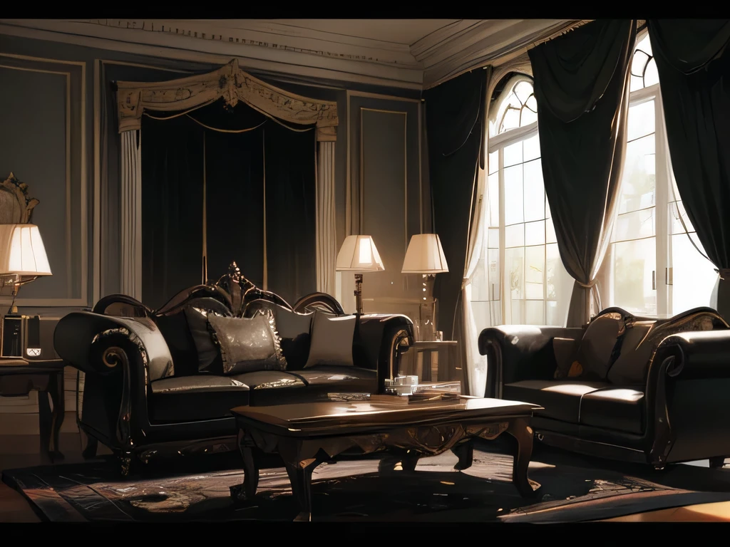 Dark room with black sofa The floor is black Lace curtains and large windows There is a black cat Dark fantasy