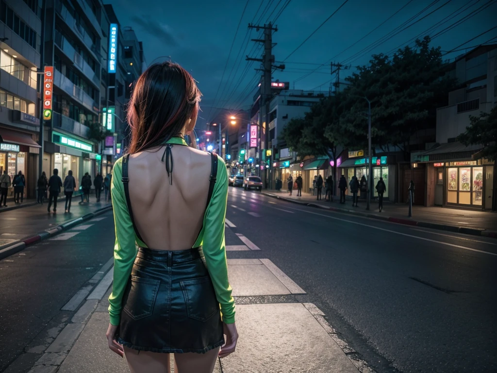 City landscape combination of Mexico and Japan modern avenue anime night neon lights, anime girl in the middle of the street with her back turned in green 