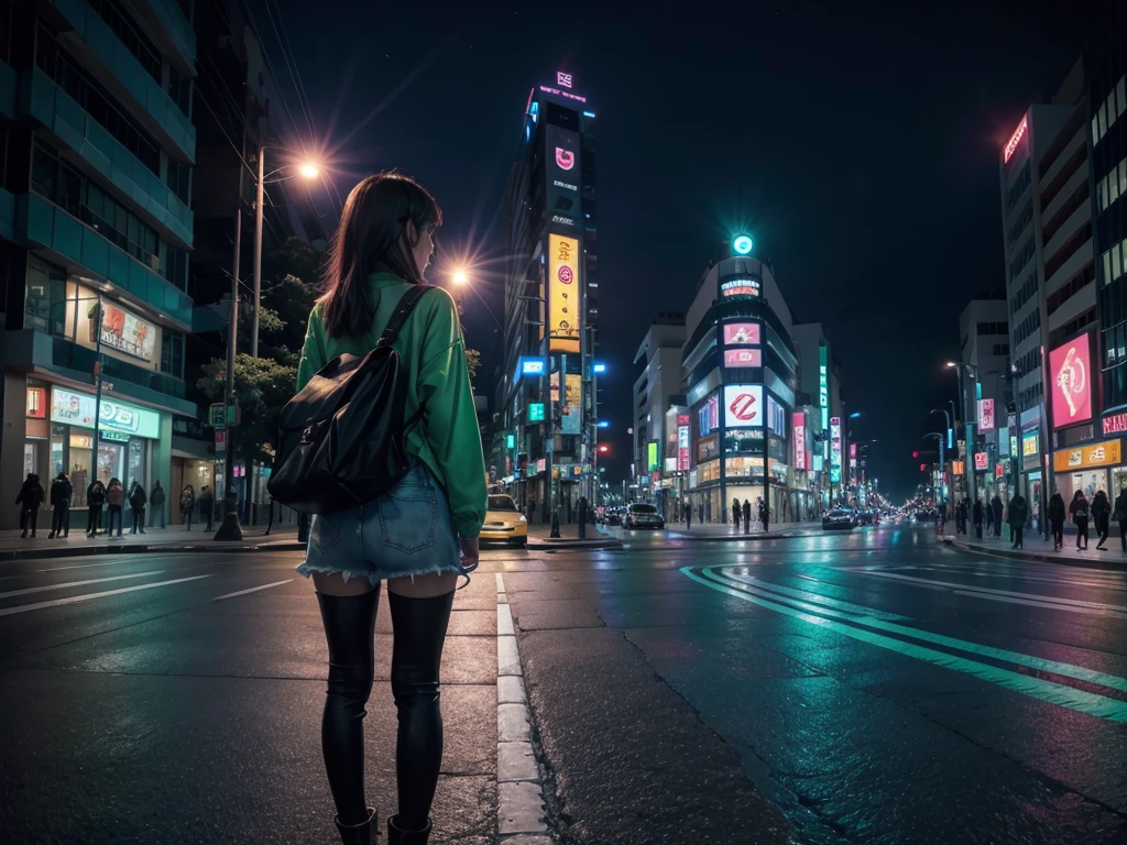 City landscape combination of Mexico and Japan modern avenue anime night neon lights, anime girl in the middle of the street with her back turned in green