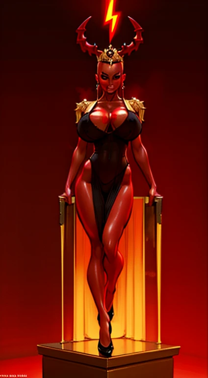 1girl, beautiful (((dark devil empress))), detailed eyes, (((detailed face))), mature face, athletic body, looking at viewers,full body, light smile,(gigantic breasts:1.4)detailed skin, colored skin(dark red skin:1.9), horns on head, (((bald:1.4))), mature body, tall body,seductive body,medium big breast, medium thigh,((no hair1.8)), spike pasties,detailed clothes BREAK desert and skull shoulders, holding only one long and thick dark scepter, highly saturating beams, holy ceremony, golden and red spark dazzling around, crown , golden majical lightning, best quality, masterpiece, trending on Art station,BREAK,Detailed,Realistic,4k highly detailed digital art,octane render, bioluminescent, cinematic lighting BREAK 8K resolution concept art, realism,by Mappa studios,masterpiece,best quality,official art,illustration,ligne claire,(cool_color),perfect composition,absurdres, fantasy,focuse, red and gold color palette,(((stands on cracked pedestal)))