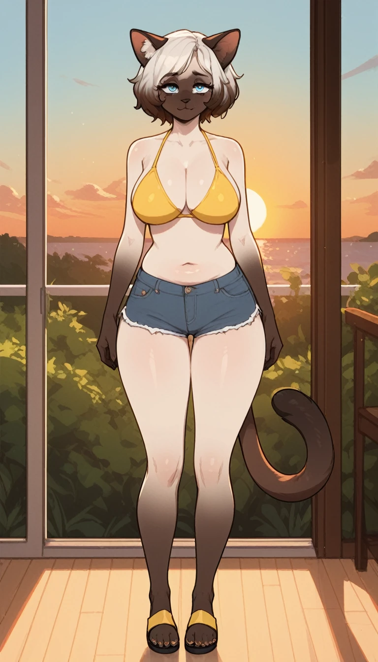 tired expression, 1girl, anthro, furry, fur, fluffy fur, siamese cat, cat girl, white hair (brown highlights), blue eyes, short hair, full body, (50 years), big breast, thicc thighs, solo, (bedroom), sunset, detailed, yellow bikini, shorts, sandals, depressed, sad, sunset, ((baggy eyes)), awkward smile, (milf), (mature woman), standing, score_9, score_8_up, score_7_up, score_6_up, score_5_up, score_4_u