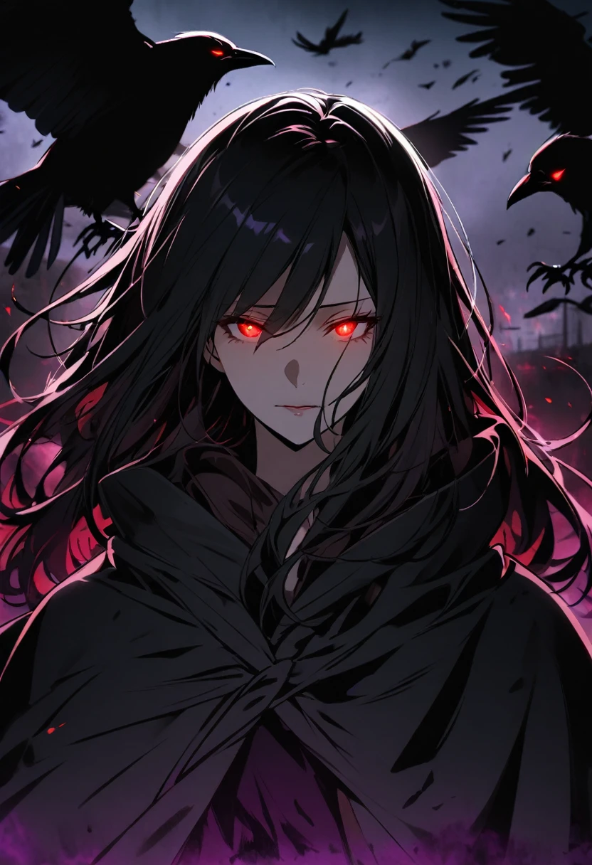 girl, mature, crows, red eyes, black hair, glowing eyes, dark aura, cloak, long hair, main face, front face, face close