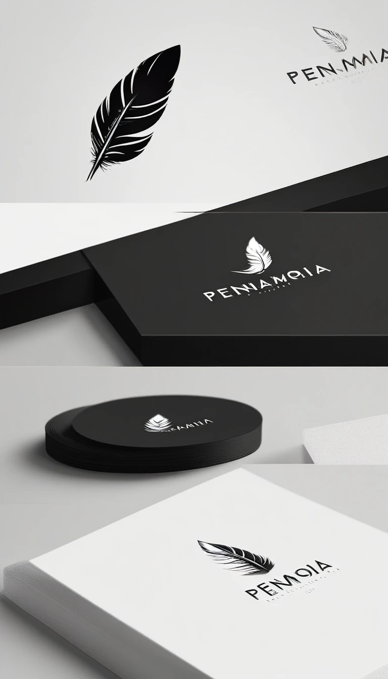 A minimal, modern, simple, cinematic logo design for the brand “Penamemoria". Create a modern, minimalistic, high-quality, logo of a bird feather