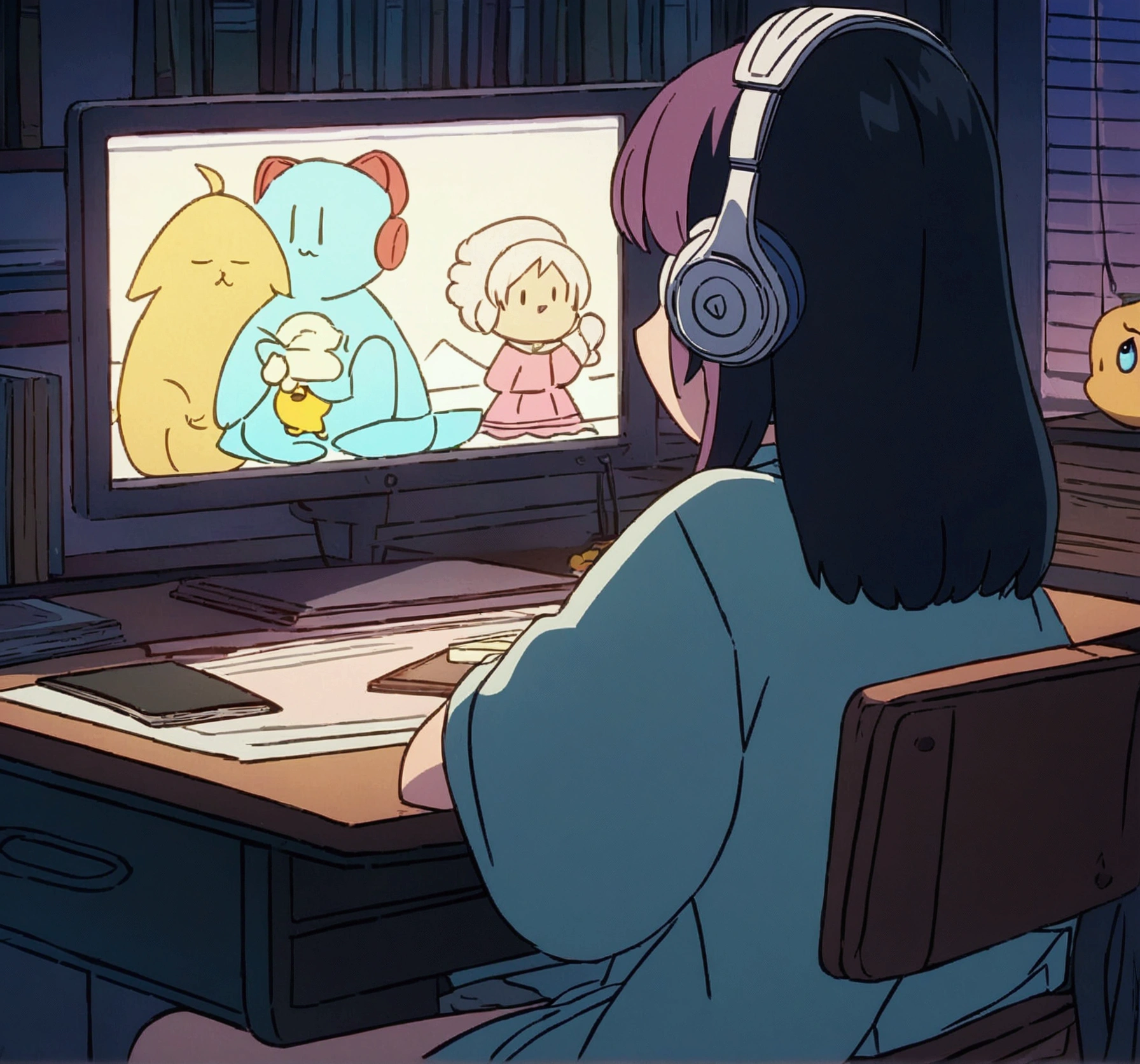 Anime girl with headphones sitting at her desk, studying in her room accompanied by a small yellow cat, lo-fi girl, lively atmosphere, Art Lofistyle, 4K animated style, anime aesthetic, night, Low fidelity feel, Art Lofi, anime art wallpaper 4k, anime art wallpaper 4k, 4k anime wallpaper, 4k anime wallpaper, An atmosphere of praise, Kaisei and Artgelm