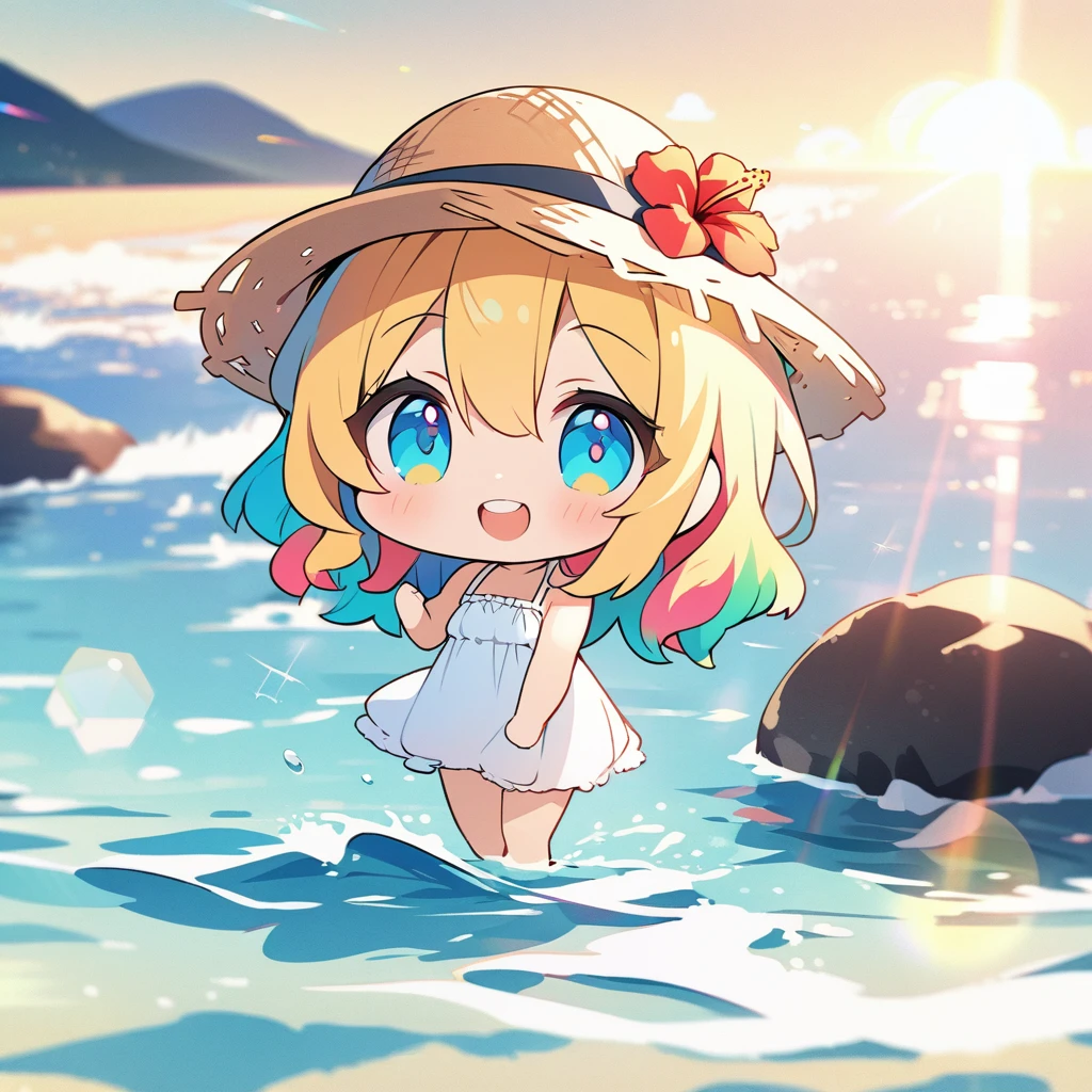 masterpiece, best quality, 4k、2D illustration、one beautiful girl、solo、(((chibi style)))、((vivid colors))、cute chibi、lovely chibi、((white summer dress))、((straw hat))、hibiscus hair ornament, ((colorful))、long beautiful hair, glossy blonde hair, hair between eyes, cute、beautifully detailed eyes、((happy smile))、summer beach、((full body shot))、((calm sea))、((blue sky))、sunbeam、((lens flare))、((high color saturation)),