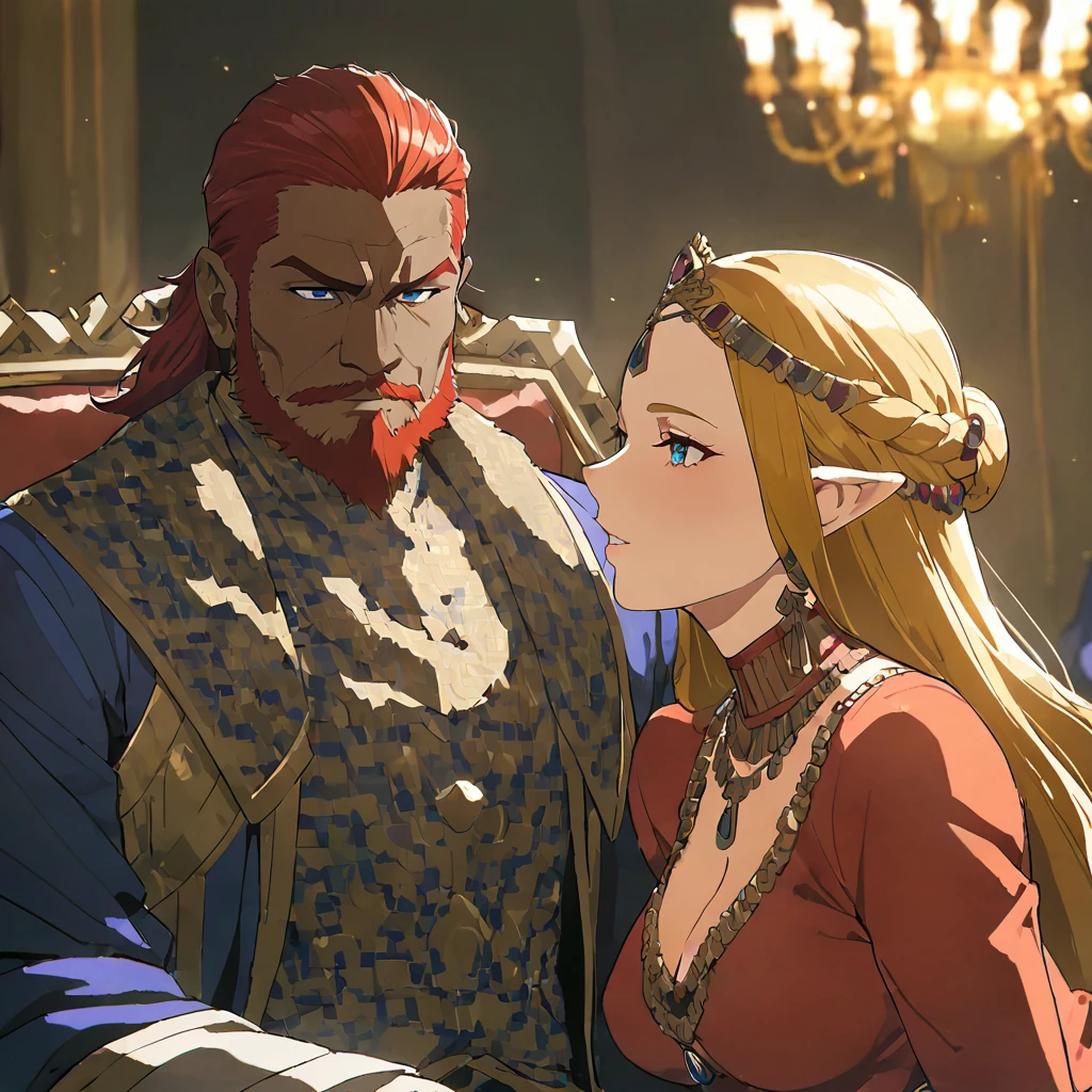 ((Highest quality)), ((masterpiece)), (detailed), （Perfect Face）、The woman is Queen Zelda of the Gerudo tribe, with blonde hair and blue eyes, and is wearing the luxurious dress of the Gerudo queen.、The man is a dignified, middle-aged man with a beard, strong red hair and dark skin, King Ganondorf, the king of the Gerudo tribe, and is wearing the luxurious attire of the Gerudo king.、A man and woman are kissing close together on the luxurious throne of the Gerudo royal family.、A queen and a king in love