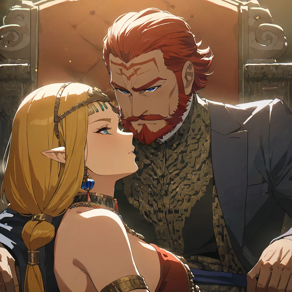 ((Highest quality)), ((masterpiece)), (detailed), (Perfect Face)、The woman is Queen Zelda of the Gerudo tribe, with blonde hair and blue eyes, and is wearing the luxurious dress of the Gerudo queen.、The man is a dignified, middle-aged man with a beard, strong red hair and dark skin, King Ganondorf, the king of the Gerudo tribe, and is wearing the luxurious attire of the Gerudo king.、A man and woman are kissing close together on the luxurious throne of the Gerudo royal family.、A queen and a king in love