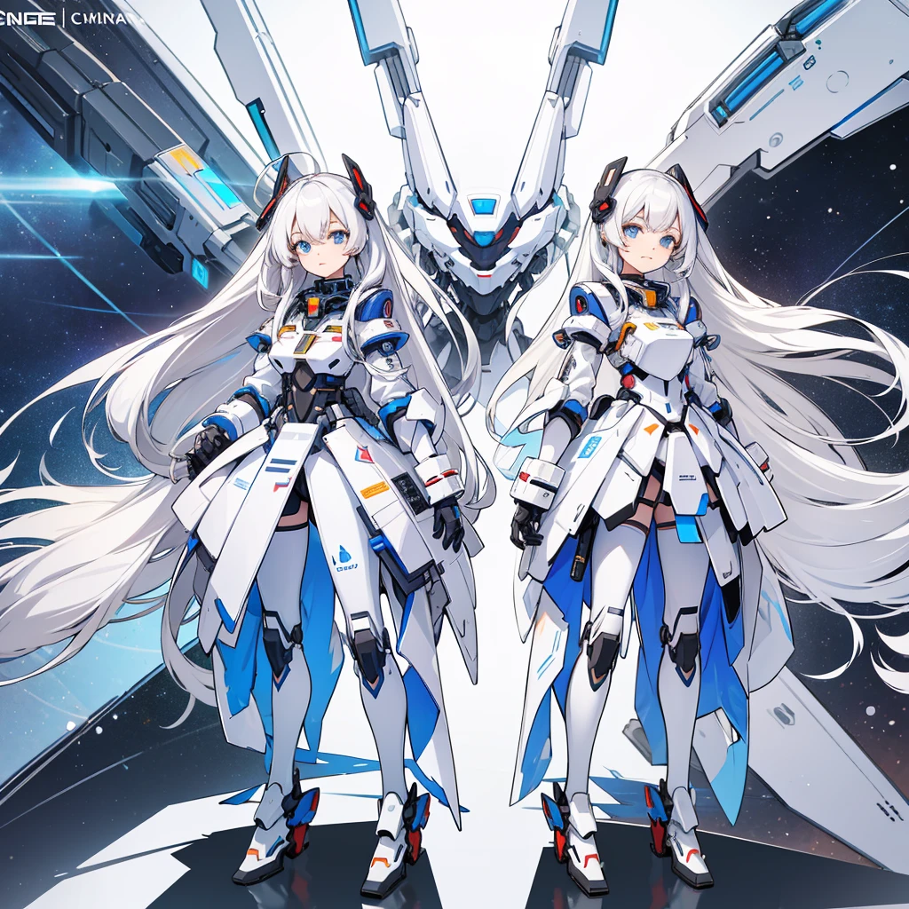 ((Full body photo, standing, on the floor)) Concept art, Character sheets, Face data, Face character sheets, Multiple side, Multiple expressions, Multiple side view, Masterpiece, ultra details, absurdres, Best face, best detailing, Ultra detailed face Face close up, perfect face, Mecha evil, very long white hair, Robotic ribbon, MEcha ribbon, 1 girl, Upper body, White hair, space, mecha, aura concept,