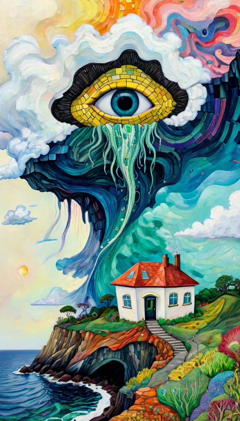 Holly Warburton Style,Concave and convex texture,Oil pastel strokes:Lonely house on the cliff,Eye,mouth,A cloud tentacle、Eye、diatom,Abstract mosaic painting,Describing the inner world of a depressed person,Strong sense of loneliness,Depressing atmosphere,Sense of space,White Space,Psychedelic Art,Low-key color matching