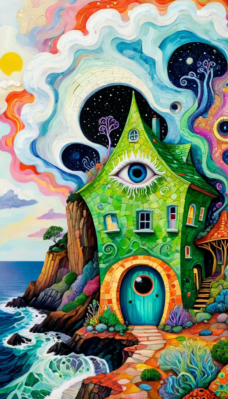 Holly Warburton Style,Concave and convex texture,Oil pastel strokes:Lonely house on the cliff,Eye,mouth,A cloud tentacle、Eye、diatom,Abstract mosaic painting,Describing the inner world of a depressed person,Strong sense of loneliness,Depressing atmosphere,Sense of space,White Space,Psychedelic Art,Low-key color matching