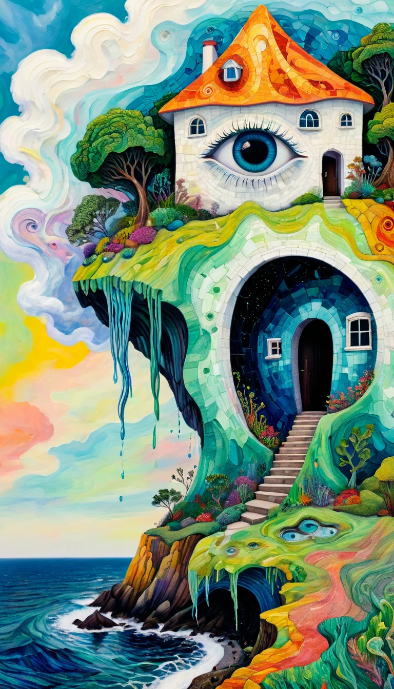 Holly Warburton Style,Concave and convex texture,Oil pastel strokes:Lonely house on the cliff,Eye,mouth,A cloud tentacle、Eye、diatom,Abstract mosaic painting,Describing the inner world of a depressed person,Strong sense of loneliness,Depressing atmosphere,Sense of space,White Space,Psychedelic Art,Low-key color matching