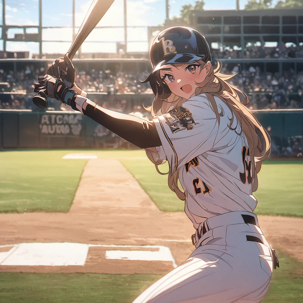 Masterpiece, ultra detailed, beautiful,Super Saturation, anime style, baseball player, baseball,baseball ground, sunlight,