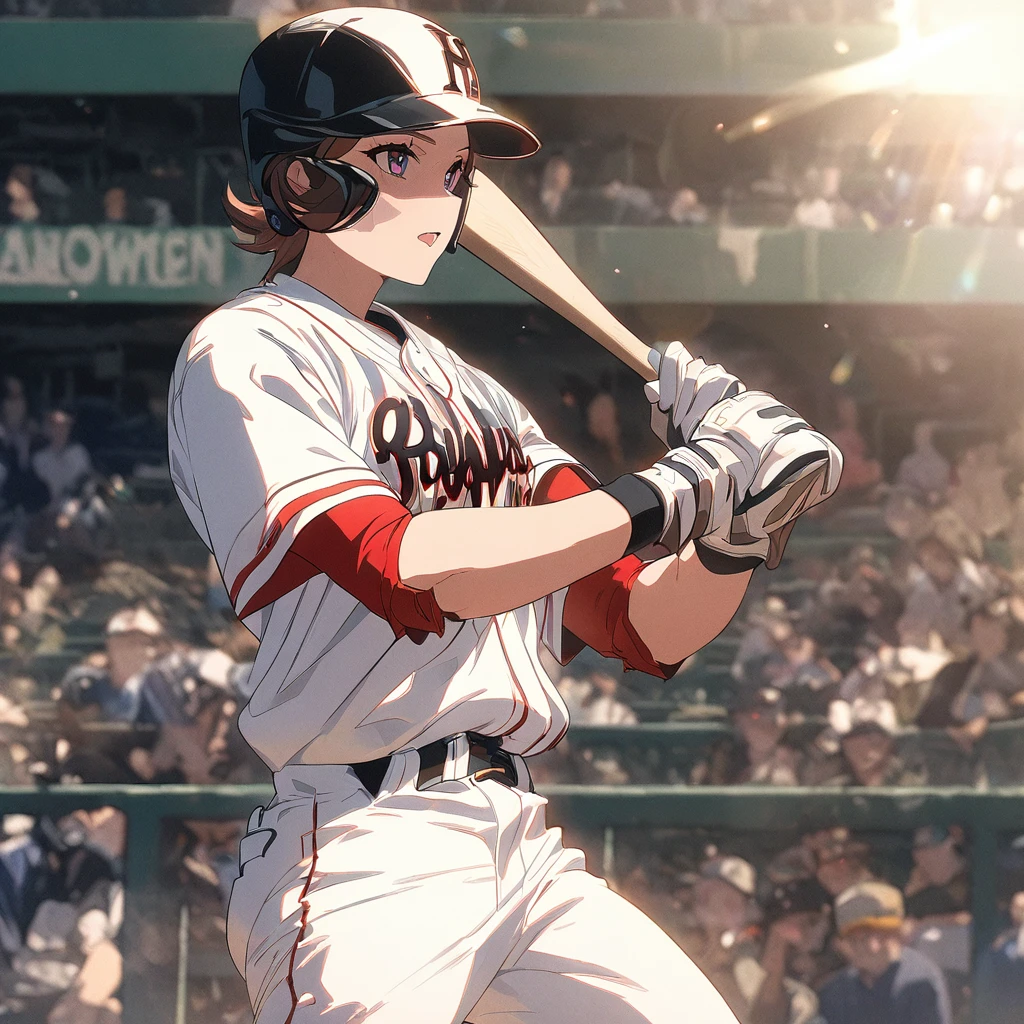 Masterpiece, ultra detailed, beautiful,Super Saturation, anime style, baseball player, baseball,baseball ground, sunlight,
