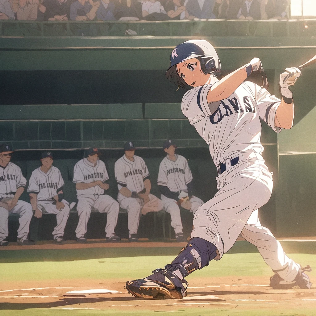 Masterpiece, ultra detailed, beautiful,Super Saturation, anime style, baseball player, baseball,baseball ground, sunlight,