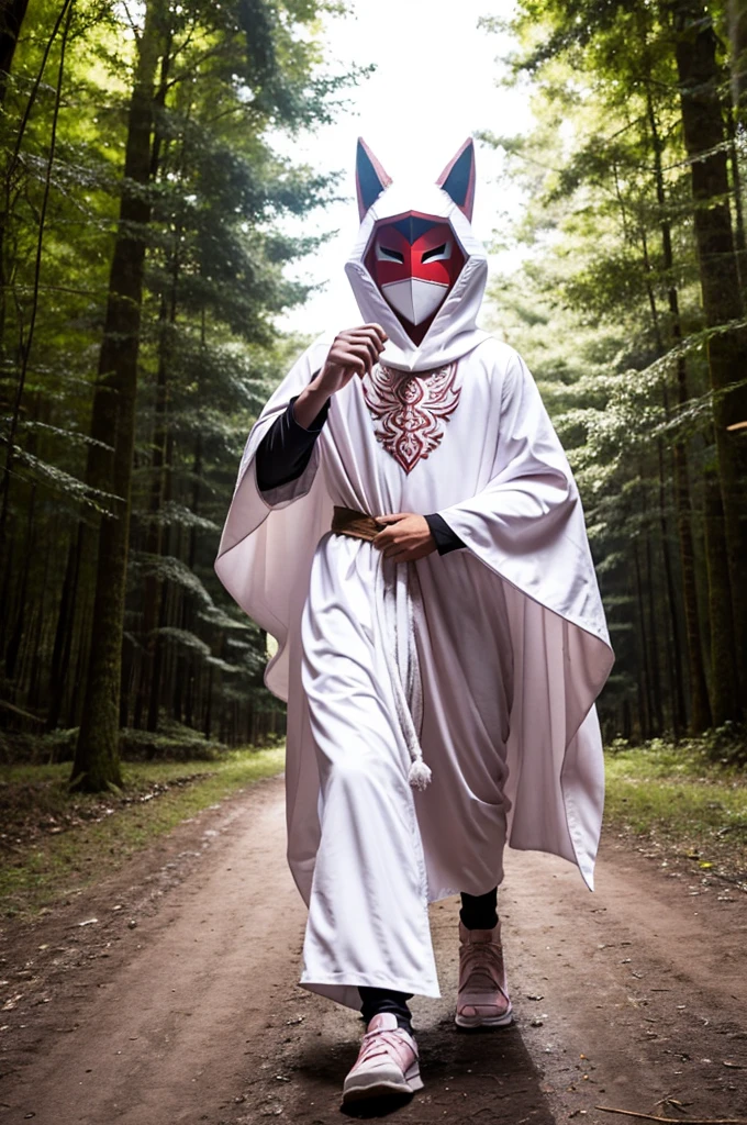 A white heired teenage boy in a long white cloak with a straight light pink pattern wearing a traditional wood carved mask resembling the Pokémon Zoroark walking through a forest. lush forest, semi-dim lighting, high quality, 