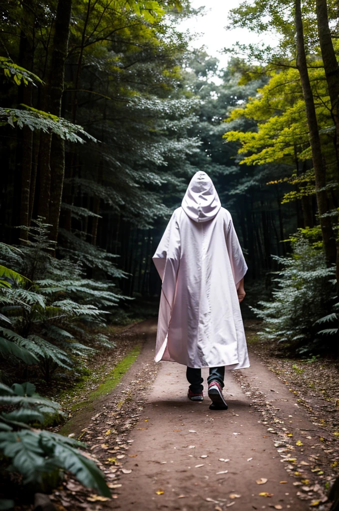 A white heired teenage boy in a long white cloak with a straight light pink pattern wearing a traditional wood carved mask resembling the Pokémon Zoroark walking through a forest. lush forest, semi-dim lighting, high quality, 