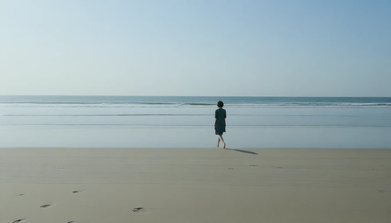 8K, Vivid picture quality, desolate long beach, Short haired woman walking from afar, 푸른 하늘 푸른 ocean, alone, afternoon, depressed, tide가 밀려온다, ocean, tide, wind, short korean woman, 잔잔한 tide, bare foot