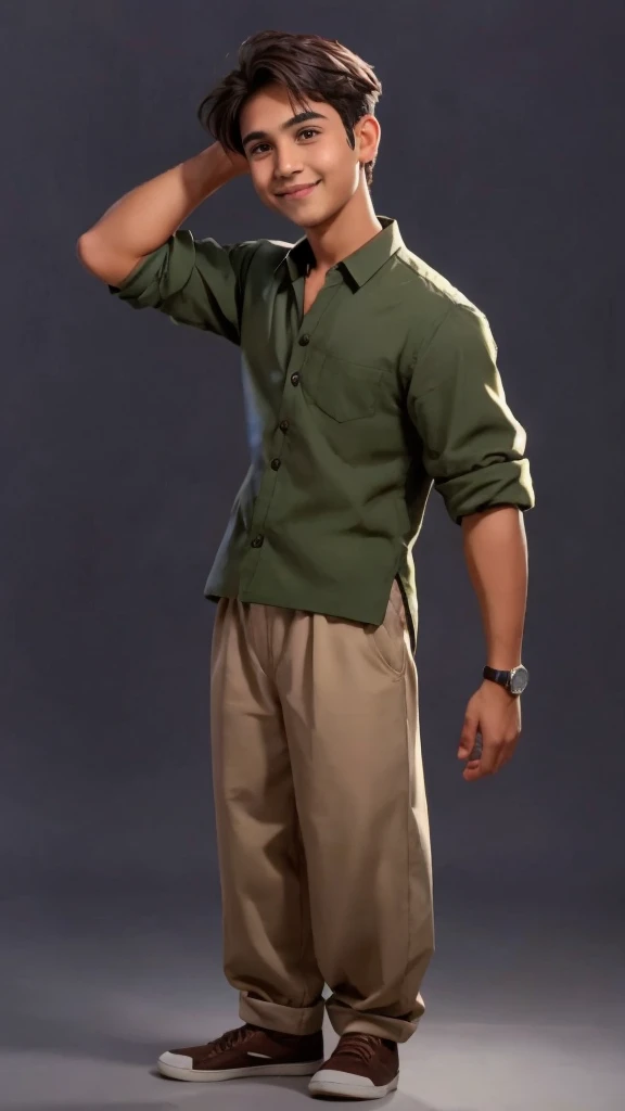 Handsome boy standing in power pose with cute smile on face